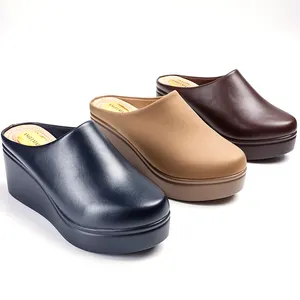 2023 Phong Cách Mới PU Da 7Cm Phụ Nữ Mule Giày Nêm Gót Nửa Giày Giản Dị Gần Toe Thoáng Khí Slip-On Phụ Nữ Nền Tảng Giày