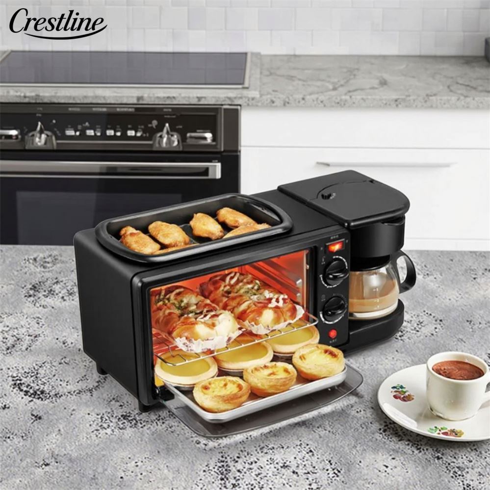 3-in-1 Multifunction Mini Household Oven Set Bread Maker Sandwich Toaster Coffee Maker with Frying Pan for Hotels