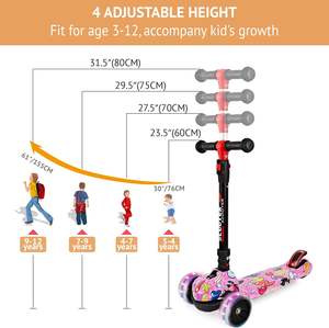 Trottinette pour enfants moderne en plastique pliable et réglable en hauteur, âges 3-12, <span class=keywords><strong>carrosserie</strong></span> graffiti, plateau extra large antidérapant en PU, éclairage - Product Image 4