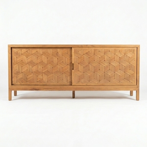 Console TV minimaliste moderne en bois massif avec portes coulissantes en parquet géométrique - Product Image 1