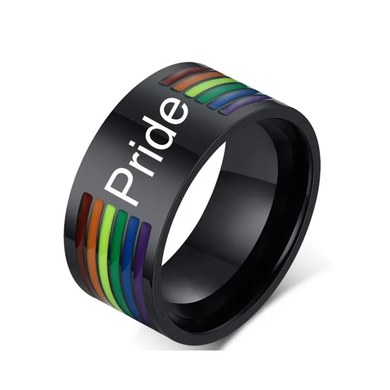 Black Stainless Steel Enamel Rainbow LGBT Pride Ring For Lesbian Gay