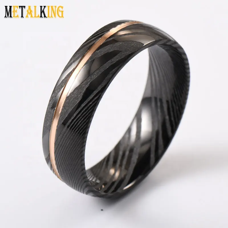 8mm Black Damascus Steel Ring Offsetting Rose Gold Grooved Domed Finished Mens Wedding Band