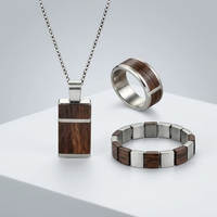 Set Perhiasan Baja Tahan Karat dengan Inlay Kayu Alami, Kalung, Cincin, Gelang, Warna Perak, Tahan Air, Hadiah untuk Pria, OEM Kustom