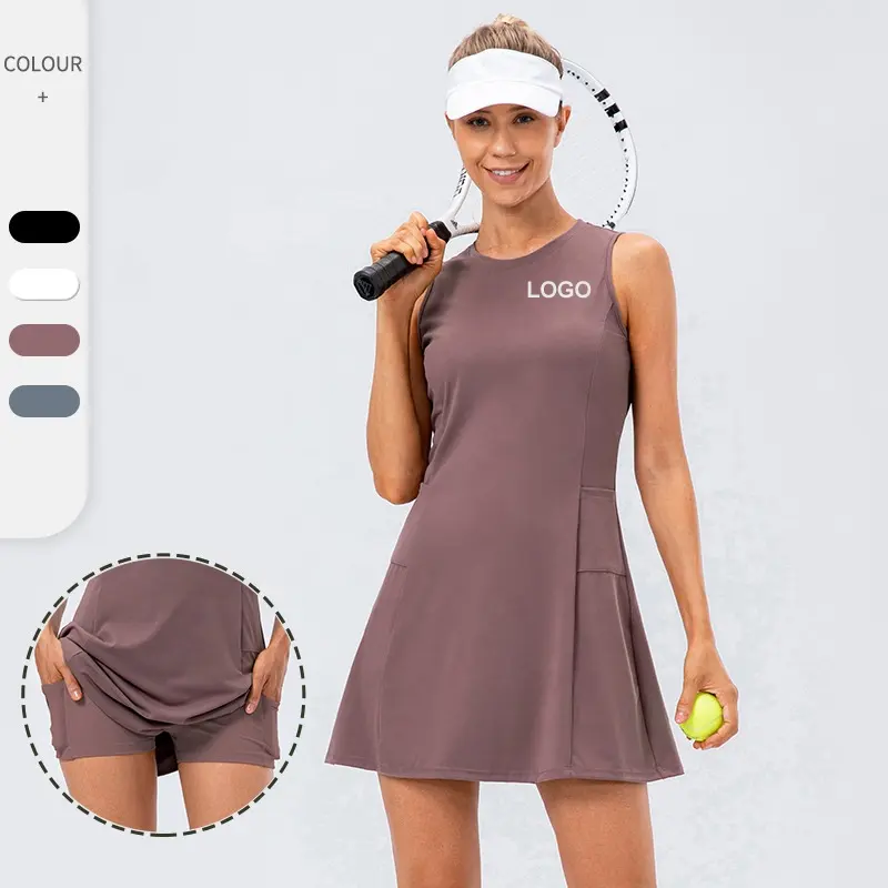 Yüksek belli tenis etek cepler Bodysuit özel koşu spor etekler pantolon ile tek parça tenis elbise