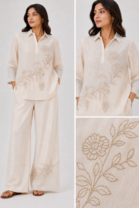 Women’s Ivory Floral Embroidered Shirt and Wide Leg Pants Co Ord <b>Set</b>, Elegant 2 Piece Casual Ethnic Wear Outfit, Premium Fashion - Product Image 2