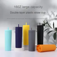 Modern portabel 16 oz ramah lingkungan Matte kurus dinding ganda cangkir jerami plastik dengan tutup Tumbler cangkir kopi botol plastik