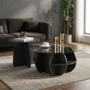 Modern <b>Round</b> Tempered Glass <b>Coffee</b> <b>Table</b> Set With Storage <b>Black</b> Wood Base Living Room Furniture - Product Image 2