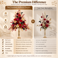 Arrangement de fleurs artificielles en soie rouge et or, rose, dahlia, lys, anthurium, centre de table fait main, vase en fer, décoration de mariage et de banquet