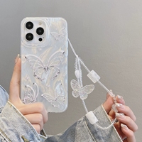 Nouvelle Housse Rigide de Téléphone Premium en Forme d'Aile Papillon Argentée avec Chaîne Compatible iPhone 11 12 13 14 Pro 15 Plus 16 17 Pro Max