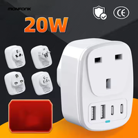 Monfonk adaptor perjalanan, pengisian cepat 20W PD Multi-Port colokan konversi adaptor USB untuk Inggris/EU/US/AU untuk penggunaan kamera industri