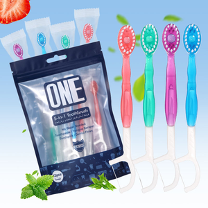 Disposable Mini Travel Mint Flavored Toothbrush with Floss Pick 5in1 Oral Care Kit with Bursting Beads Toothpaste&Tongue Cleaner