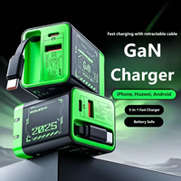 Adaptateur de chargeur multi-ports GaN 20W avec câble rétractable, charge rapide PD QC, prise US EU UK pour iPhone Android Samsung
