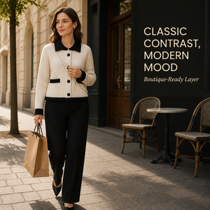 Cardigan in <span class=keywords><strong>Maglia</strong></span> Crema da <span class=keywords><strong>Donna</strong></span> con Bordi Neri, Collo e Polsini Decorati, Maniche Lunghe, Tasche e Catena di Perle, Stile Casual - Product Image 2