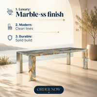 Table à manger rectangulaire avec plateau et panneaux latéraux en marbre multicolore intégrés, pieds métalliques cachés, table de dîner moderne pour villa