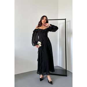 Robe de soirée en mousseline de soie noire à volants en gros - Product Image 5