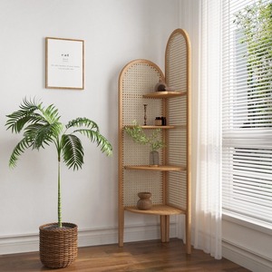 Scaffale Triangolare in Legno Massello e Rattan Giapponese per Soggiorno, Balcone, Camera da Letto, Angolo Pavimento, Mobile Laterale per Piccoli Appartamenti - Product Image 4