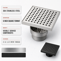 Siphon de sol carré en acier inoxydable de 6 pouces, grille anti-odeur, drain direct, drain de douche avec adaptateur fileté pour salle de bain