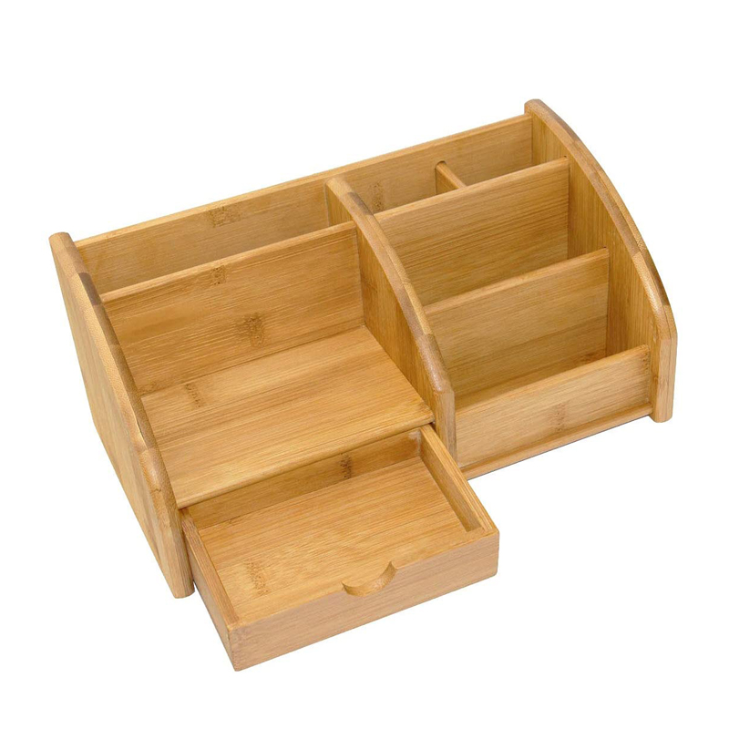 Office Supplies Wood Desk Organizer Pen Holder Accessories Storage Caddy with 1 Drawer, 7 Compartments