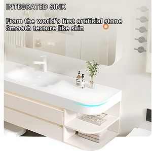 Meuble-lavabo mural blanc crème personnalisé avec double tiroir, étagère ouverte et armoire miroir LED intelligente anti-buée - Product Image 5