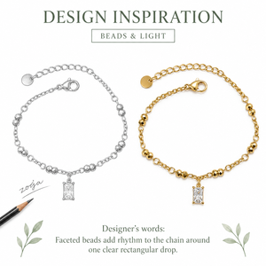 Rectangular Zircon Drop <b>Bracelet</b>, Stainless Steel with Faceted Metal <b>Beads</b>, Gold and <b>Silver</b> Colors - Product Image 2