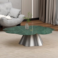 Ensemble de tables basses en marbre feuille de lotus - Plateau en marbre vert et blanc avec bases en métal doré pour salon moderne