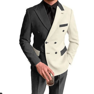 Jas Pria Hitam Putih Patchwork Slim Fit Kerah Runcing Double Breasted 2 Potong Tuxedo Formal Pernikahan Blazer+Celana Kostum Homme - Product Image 2
