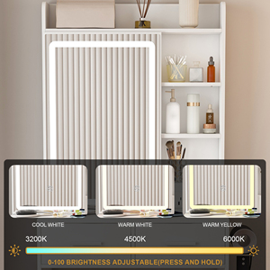 <strong>Small</strong> <strong>Makeup</strong> Vanity <strong>Desk</strong> Mirror Adjustable LED Lights Built-in Power Outlet Hidden Storage Padded Stool Shelf Space-Saving - Product Image 5