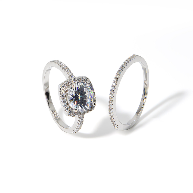 Fashion Customized S925 Sterling Silver Two-Piece Bridal Ring Set Cushion-Cut Cubic Zirconia Halo Wedding Band Wholesale Jewelry