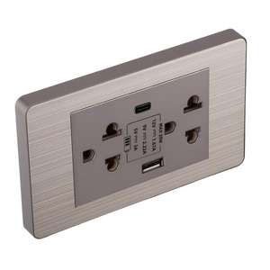 Enchufe múltiple doméstico de doble pared estándar tailandés serie 118 con panel de metal cepillado, interruptor y enchufe eléctrico. - Product Image 1