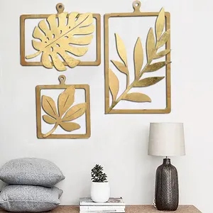 Home Interior House Bedroom Display Lobby Gold Wood Frame Wrought Iron Metal Hanging Flower Leaf Art Wall Decor For Living room