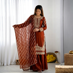 Conjunto de palazzo de seda naranja bordado para mujer, kurta, dupatta, con cuentas, estilo indio pakistaní, para fiestas y bodas. - Product Image 1