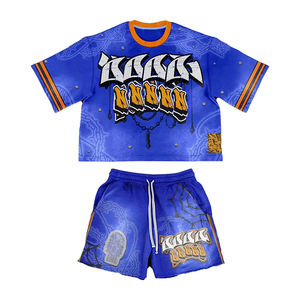 Conjunto de 2 Piezas de Verano para Hombre: Sudadera Boxy de Algodón 100% con Lavado Ácido Personalizado, Camiseta con Logo Estampado y Pantalones Cortos Desgastados por el Sol - Product Image 2