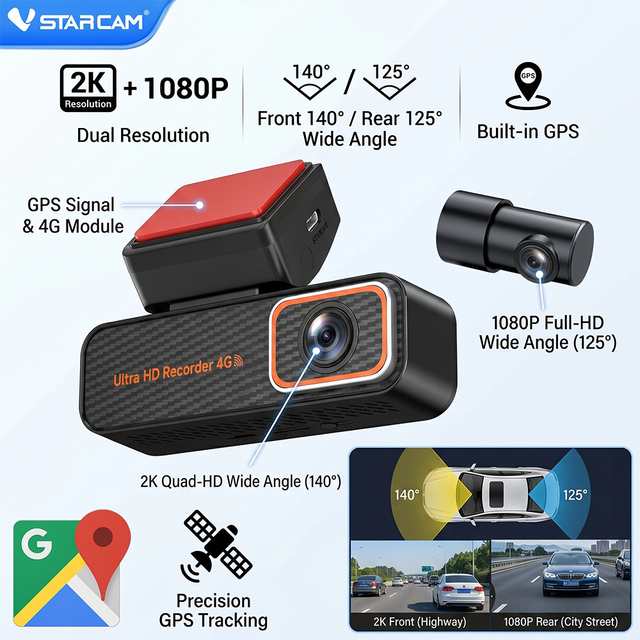 M7 4G Dashcam Dual Lens Cars 2K Vehicle Camera Impact Warning Real Time Cloud Upload Dual Stream Night Vision MicroSD SIM Card