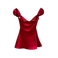 Robe Courte Rouge en Satin Personnalisée OEM, Manches Bouffantes, Broderie Florale, Col Ouvert, Dos Nu, Coupe Trapèze, Style Vintage, Robe de Cocktail Courte