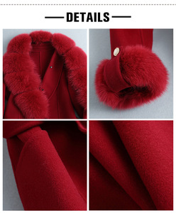 Manteau long en laine cachemire pour <span class=keywords><strong>femme</strong></span>, élégant, avec col en <span class=keywords><strong>fourrure</strong></span> de renard duveteuse, double face, en laine rouge - Product Image 5