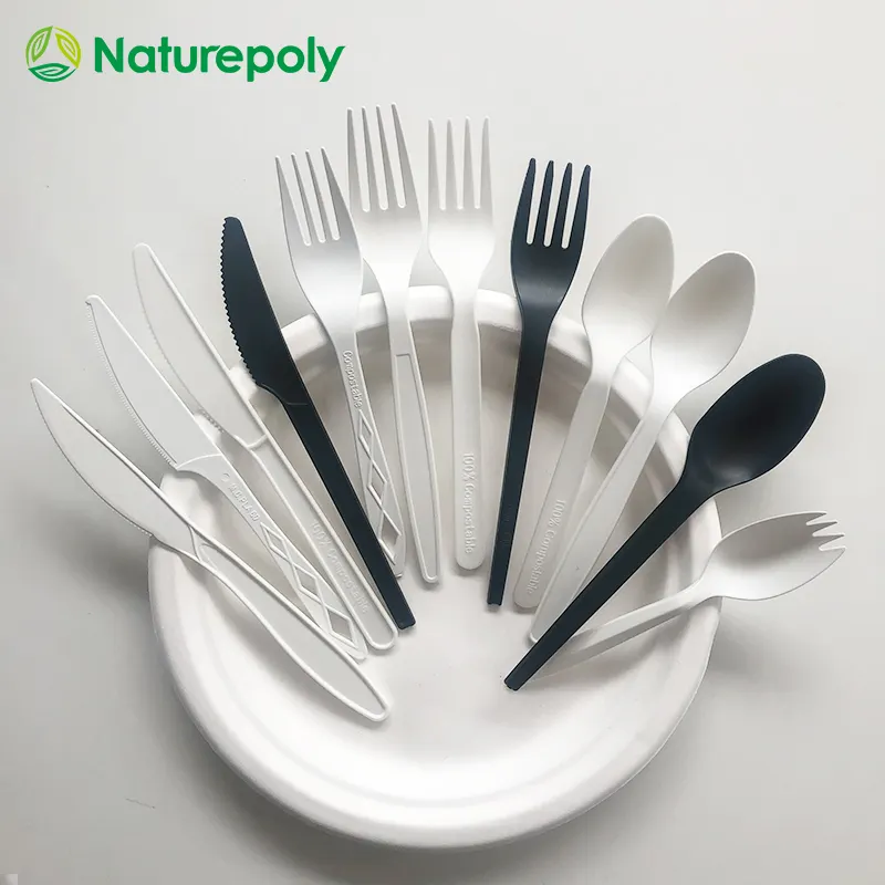 Stocked Wholesale Individual Packaging Compostable Disposable CPLA Fork Knife Spoon Biodegradable PLA Cutlery Set