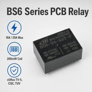 Relais de puissance miniature BAOCHENG BS6 24 <span class=keywords><strong>AST</strong></span> P 4 broches normalement ouvert pour carte de circuit imprimé, bobine 16A 24VDC, certifié TV5, boîtier noir ignifuge - Product Image 6