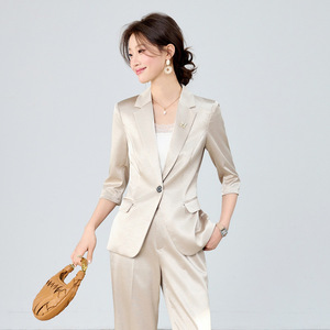 Women's Burgundy Suit Set Satin Blazer Pants Professional Office Wear Slim Fit Solid Color Spring Summer 2026 - Product Image 2