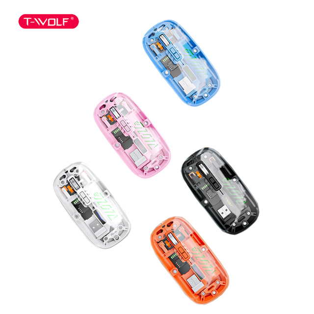 T-WOLF X11 Rechargeable Ergonomic Design Wireless Mouse 2.4G/BT Dual Mode Silent Click Transparent Look for Laptop