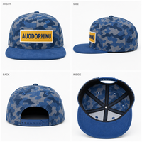 Casquette de baseball personnalisée à visière plate, motif camouflage bleu, 6 panneaux, snapback, patch brodé jaune, réglable, vente en gros, OEM, faible MOQ