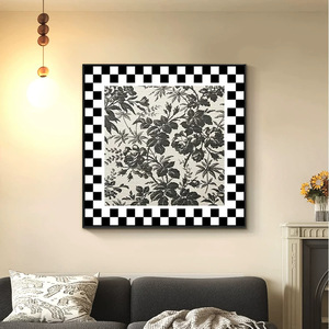 Retro Floral Wall Art Oil Canvas Painting <b>With</b> Checkerboard <b>Frame</b> For Living Room Bedroom Decor - Product Image 2