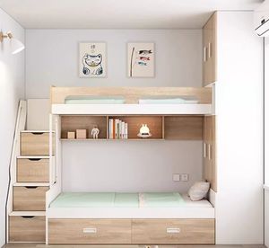 Lit haut-bas multifonctionnel avec lit superposé et <span class=keywords><strong>armoire</strong></span> intégrés Petite unité de style MDF pour enfants pour parents et enfants - Product Image 3