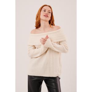 เสื้อไหมพรมครีมออฟเดอะชอลเดอร์ แขนยาวสำหรับผู้หญิง สวมใส่สบาย ไม่เป็นขุย เกรด 12 GG - Product Image 4