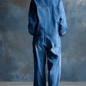 Nouvelle combinaison décontractée et tendance 2025 en jean bleu à capuche, coupe ample, boutonnée sur le devant et à manches longues - Product Image 2