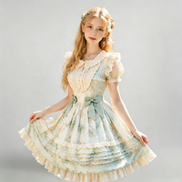 Robe Lolita pour adulte de style pastoral vert, tenue quotidienne d'été avec manches volantées et joli nœud