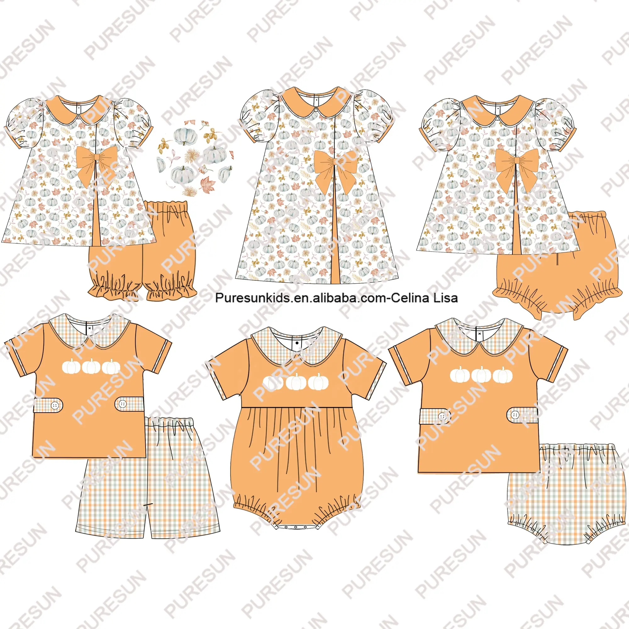 2024 Customized high quality fall kids clothes peter pan collar baby girl outfits fall pumpkin girls sibling set