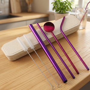 Purple Metal <b>Drinking</b> <b>Straws</b> Set of 4 Reusable Bar Accessories Modern Style - Product Image 5
