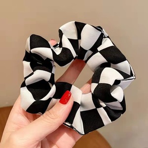<b>Black</b> And White Checkered <b>Scrunchie</b> Fabric Hair Tie Casual Geometric Headdress - Product Image 3