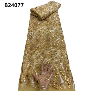 CHOCOO tela de encaje con cuentas africanas de tul de Lujo 5 yardas tela de encaje con cuentas de lentejuelas de alta calidad para vestido de fiesta