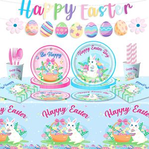 DAMAI Easter Party Tableware Set Easter Bunny Decoration with Paper Plates and Napkins for Easter Home Party Favors Supplies - Product Image 1